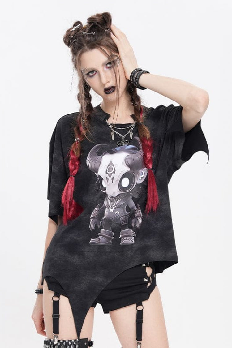 Black Short Sleeves Hitt Print Irregular Women's Punk T-Shirt