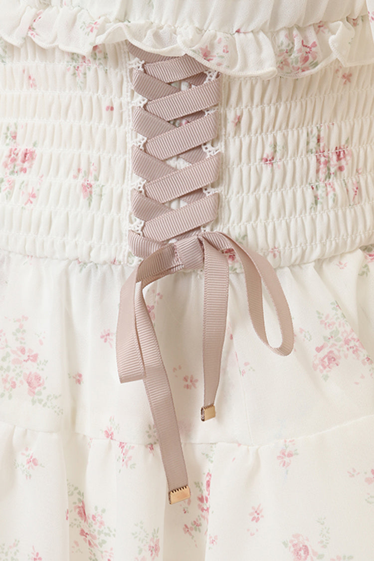 Ivory Off Shoulder Long Sleeves Floral Print Ruffle Bowknot Lace-Up Sweet Jirai Kei Japanese Skirt Set