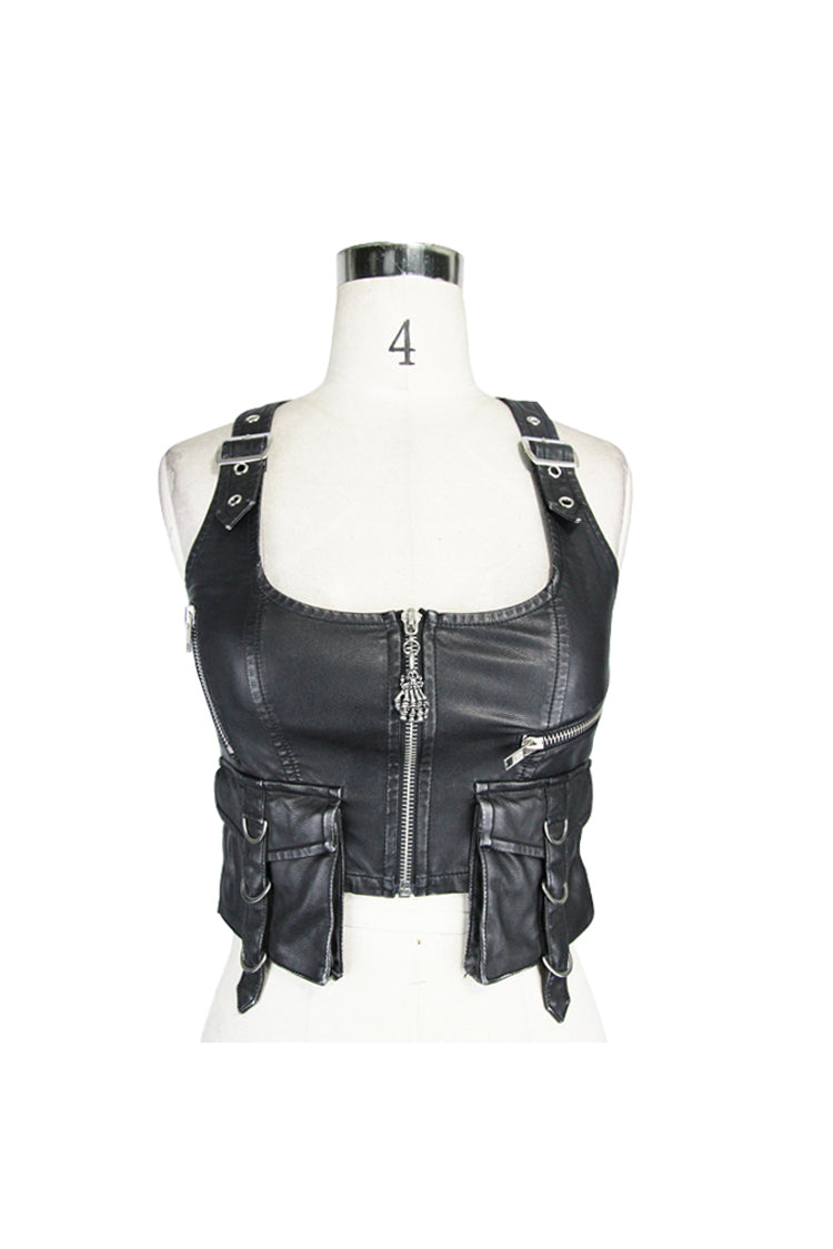 Black/Silver Hand Rubbed Leather Hasp Zipper Short Women's Punk Waistcoat