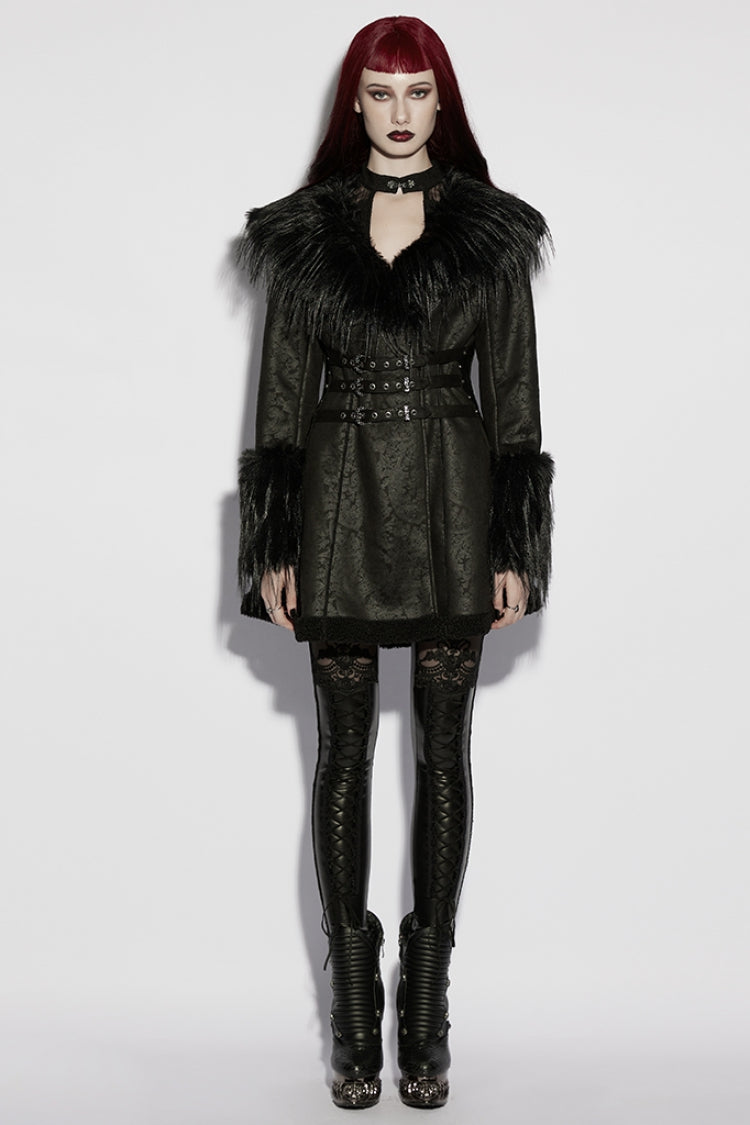 Schwarzer Plüschreverskragen Langarm Riemen mit Schnallen Damen Gothic Mantel 
