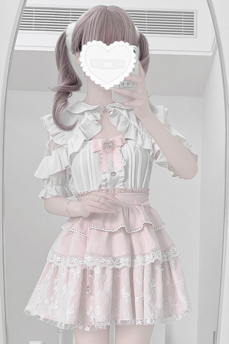 White/Pink Short Sleeves Triple-Layered Ruffle Bowknot Lace Jirai Kei Japanese Skirt Set