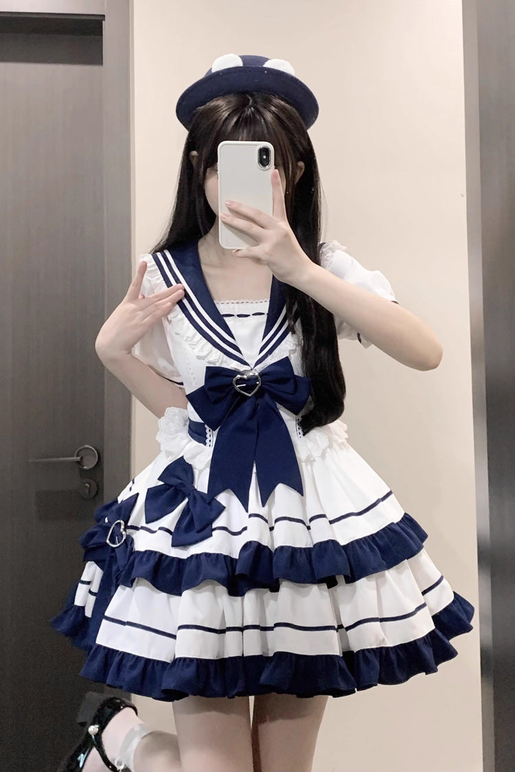 Dark Blue Navy Style Short Sleeves Double Layer Ruffle Bowknot Lace Sweet Lolita Dress