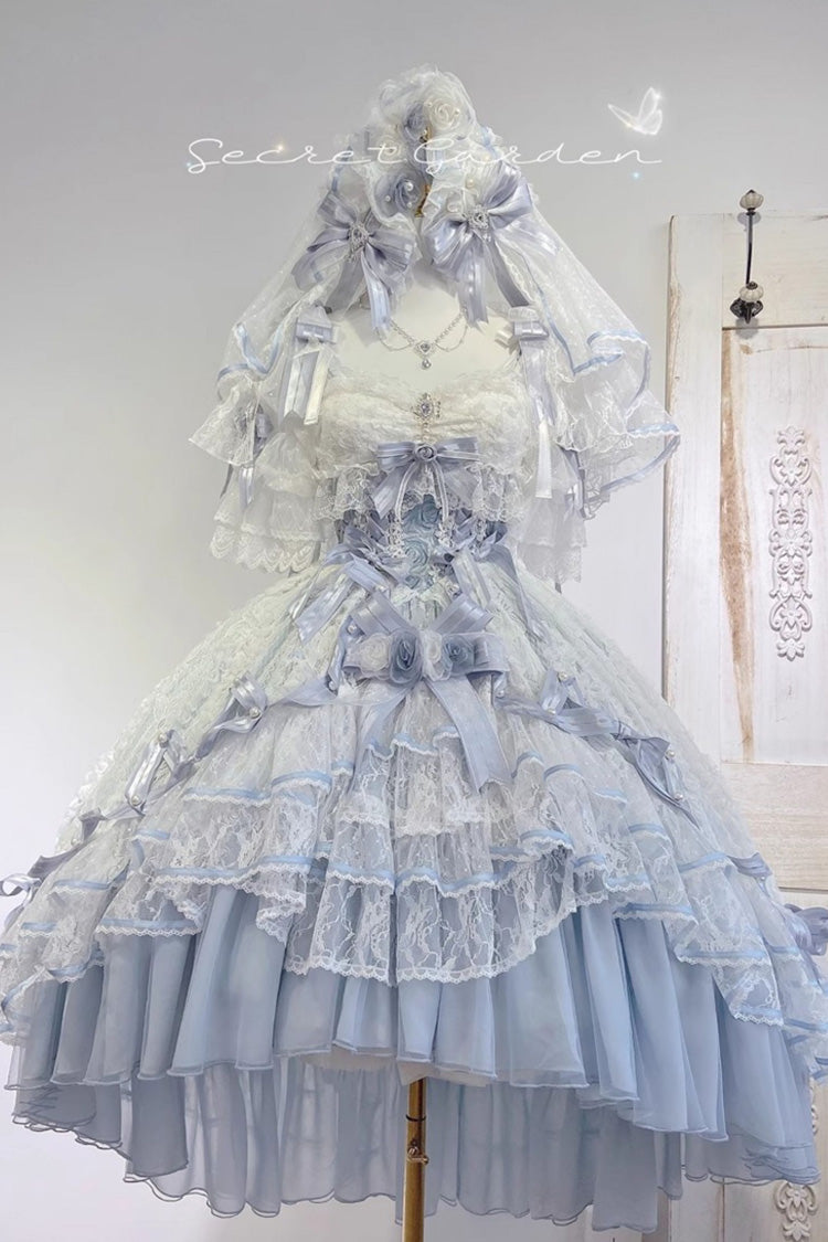 Blue [Diane Rose] Short Sleeves Multi-Layered Jacquard Ruffle Hanayome Cardigan Bowknot Lace Sweet Lolita Dress