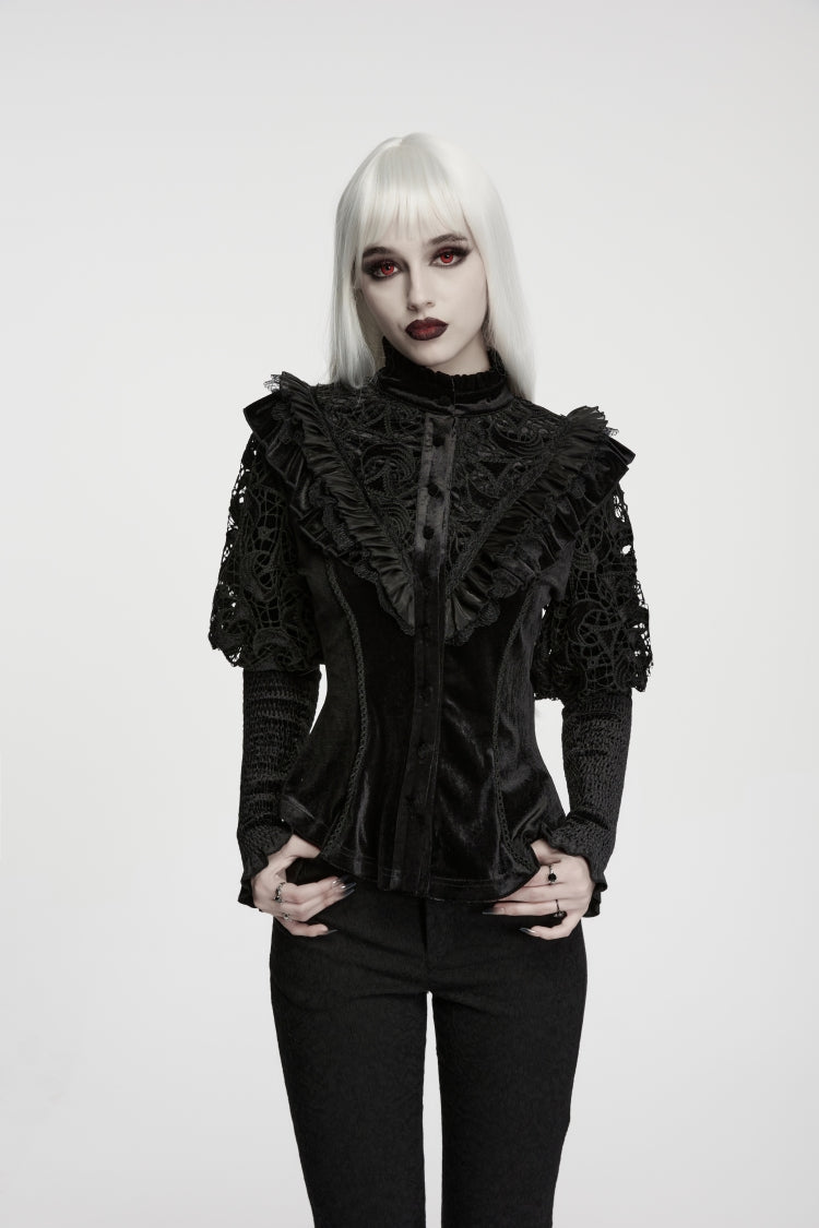 Black Stand Collar Long Sleeves Ruffled Cut-Out Lace-Up Faux Two-Piece Women's Gothic Luxurious Royal Blouse