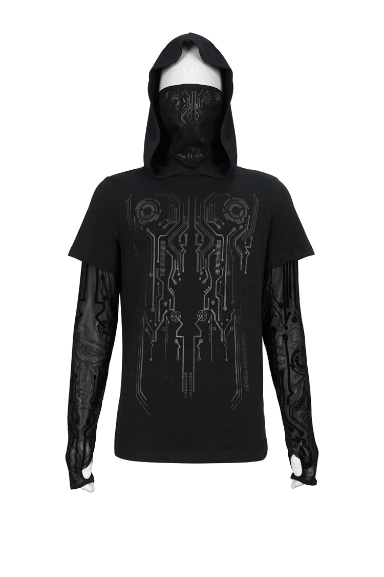 ブラックパネルメッシュ長袖スーパーハイカラーマスク回路図プリントフード付きニットメンズパンクTシャツ