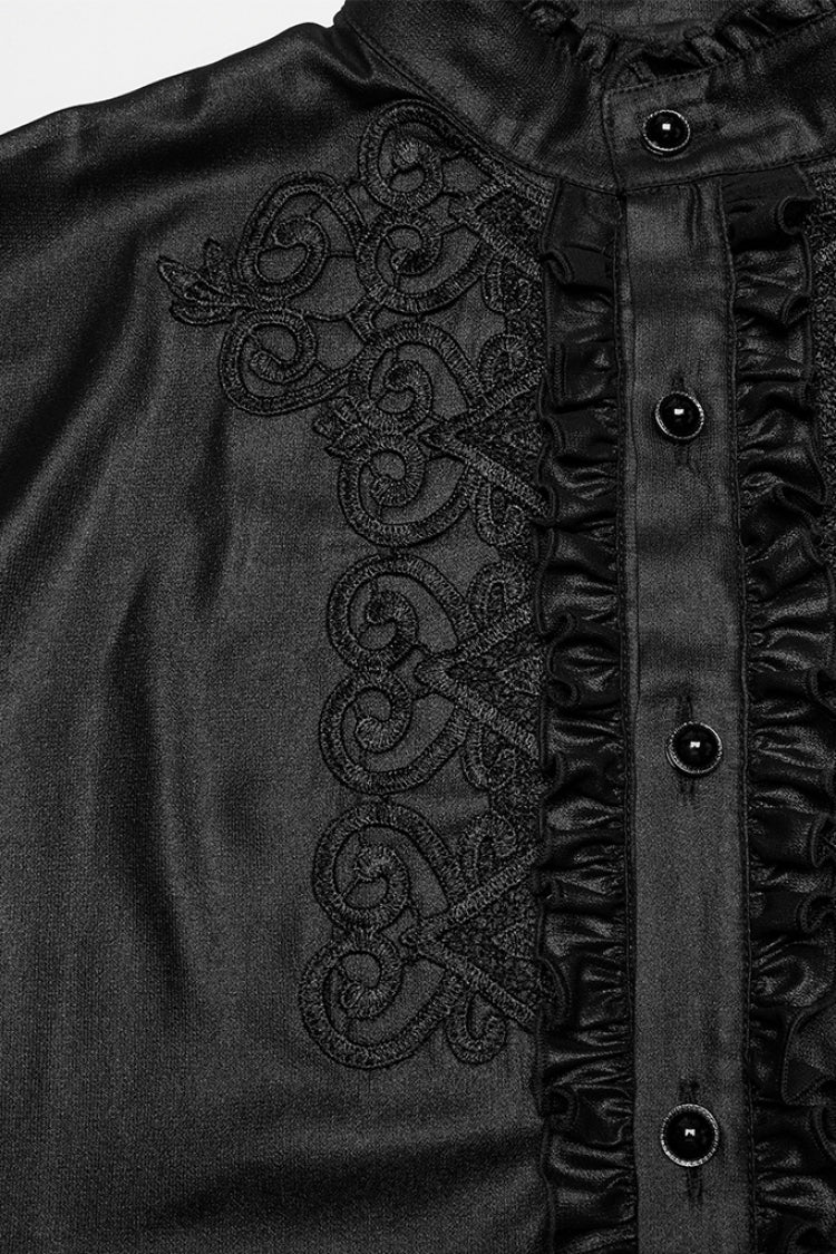 Black Stand Collar Long Sleeves Ruffle Embroidery Men's Gothic Blouse