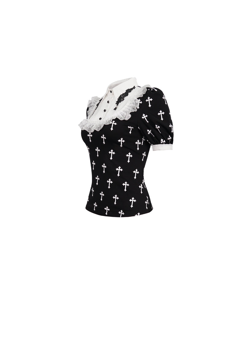 Black/White Cross Printed Chest Paneled Chiffon With Lace Collar Applique? Lace Strap Pendant Women's Punk Shirt