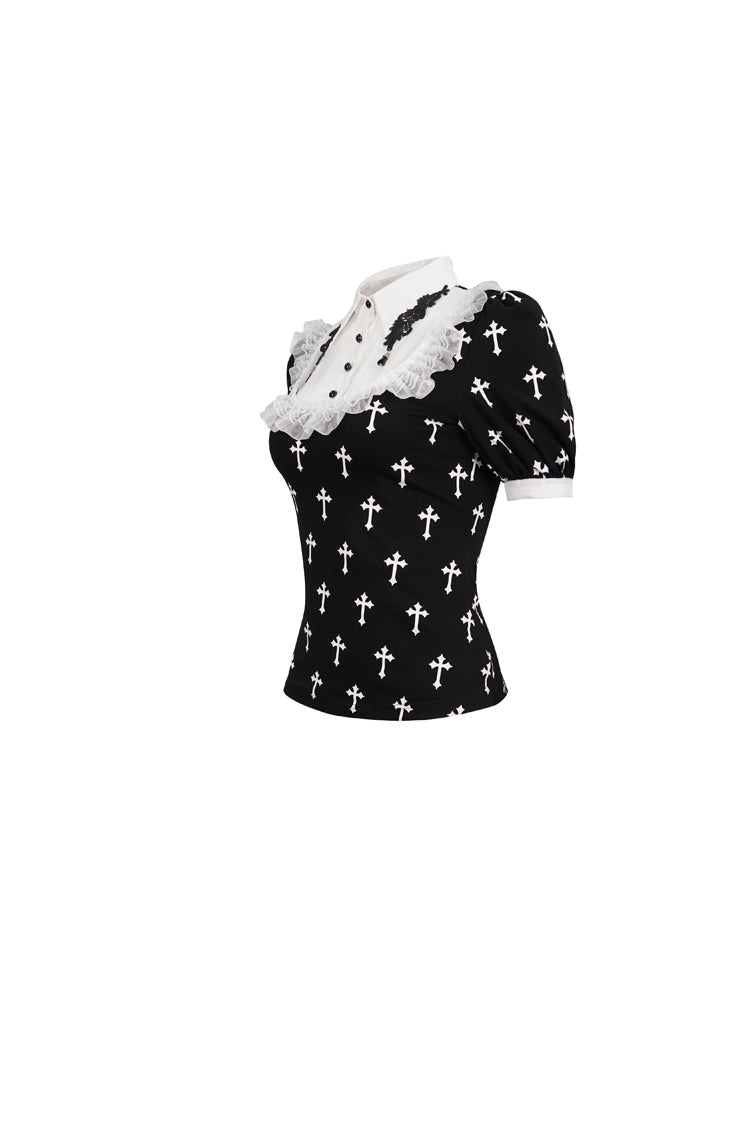 Black/White Cross Printed Chest Paneled Chiffon With Lace Collar Appliqu????????????????????????¨¬???????????| Lace Strap Pendant Women's Punk Shirt