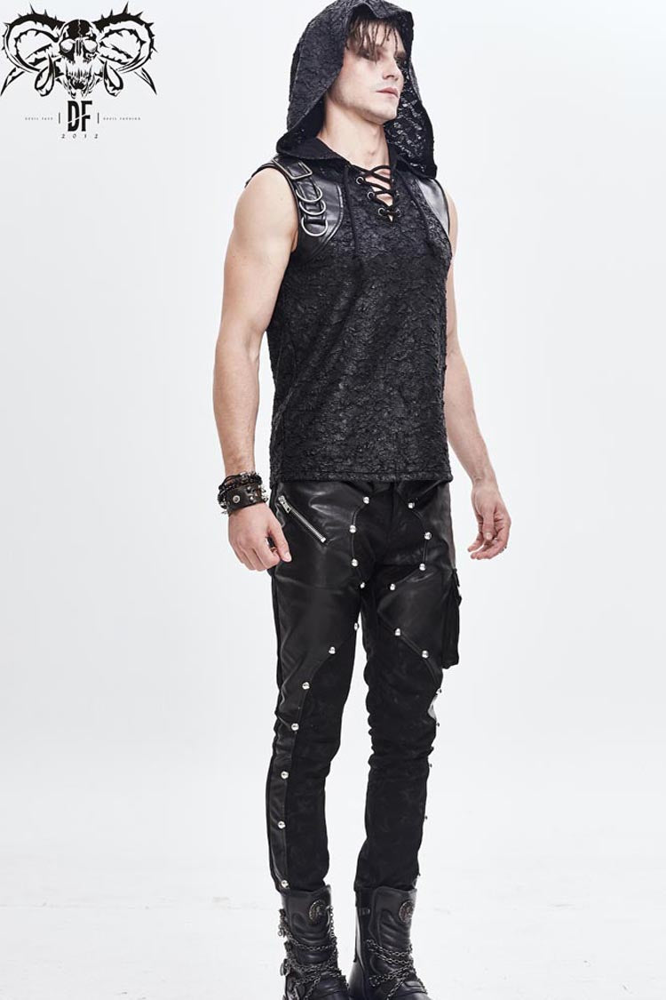 Black Hooded Tattered Chest Lace Up Metal Buckle Knit Men's Punk Vest