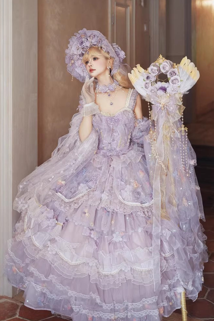 Purple [The Runaway Princess] Sleeveless Multi-Layered Printed Hanayome Bow Lace Pearl-Decorated Sweet Plus Size Gorgeous Lolita Jsk Dress