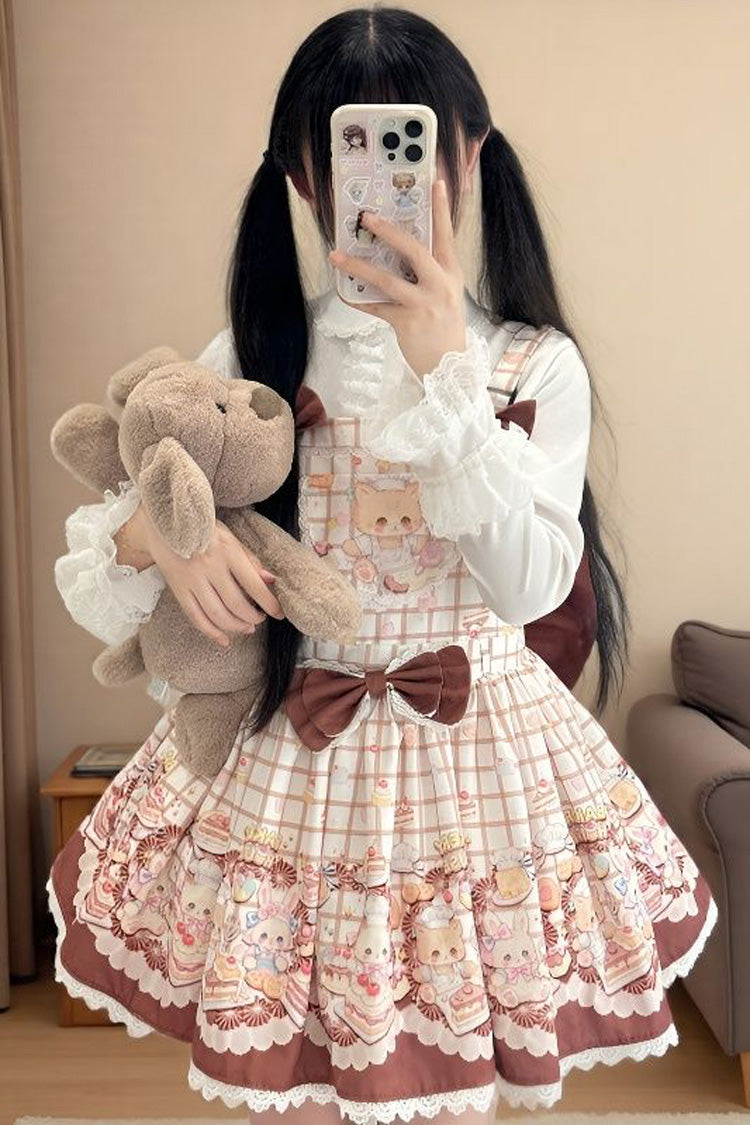 [Bear Cake] Sleeveless Print Bowknot Lace Doll-Style Sweet Lolita Suspender Dress 3 Colors