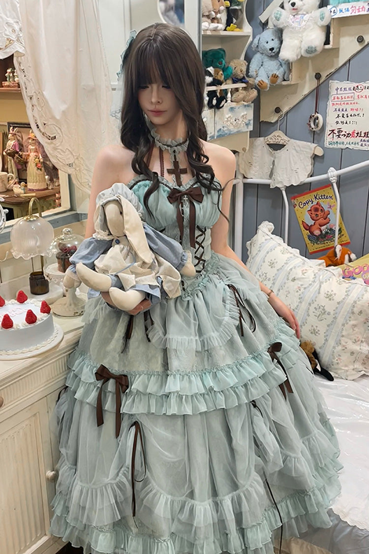 Mint Green Cross Halterneck Ruffle Bowknot Lace Lace-Up Princess Sweet Lolita Dress