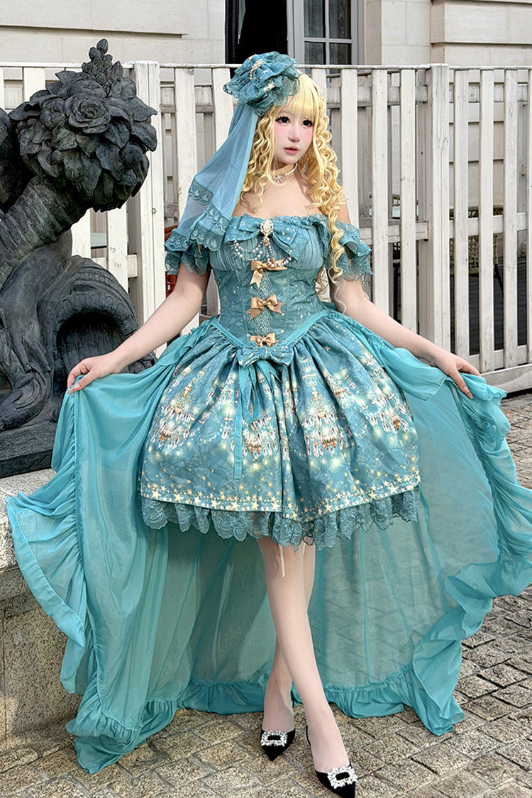 Blue [Chandelier Stars] Square Collar Flutter Sleeves Printed Ruffled Embroidered Bow Vintage Elegant Luxurious Lolita Jsk Dress