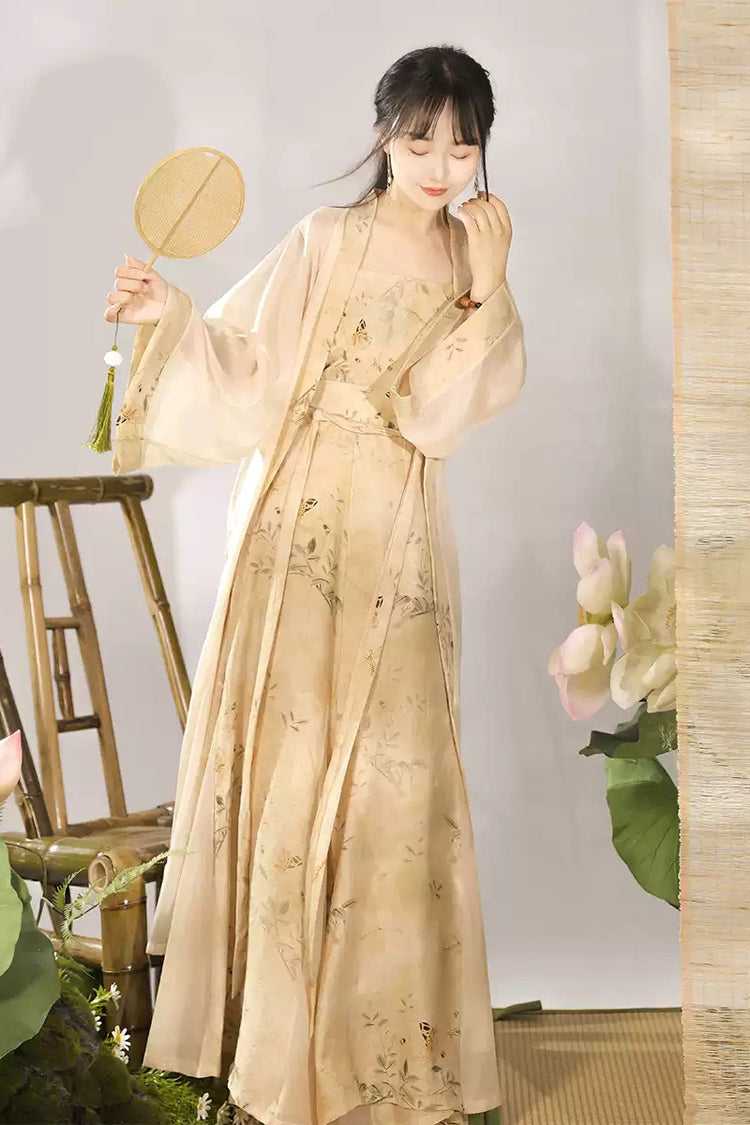 アイボリー宋王朝ハイウエストプリント女性の古典的な中国風の漢服ドレスセット