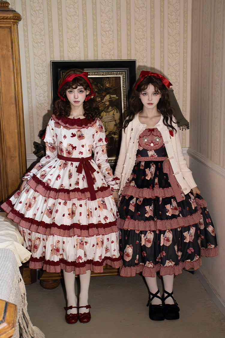 White/Pink [Bell Strawberry Farm] Print Long Sleeves Triple-Layered Ruffle Sweet Lolita Dress