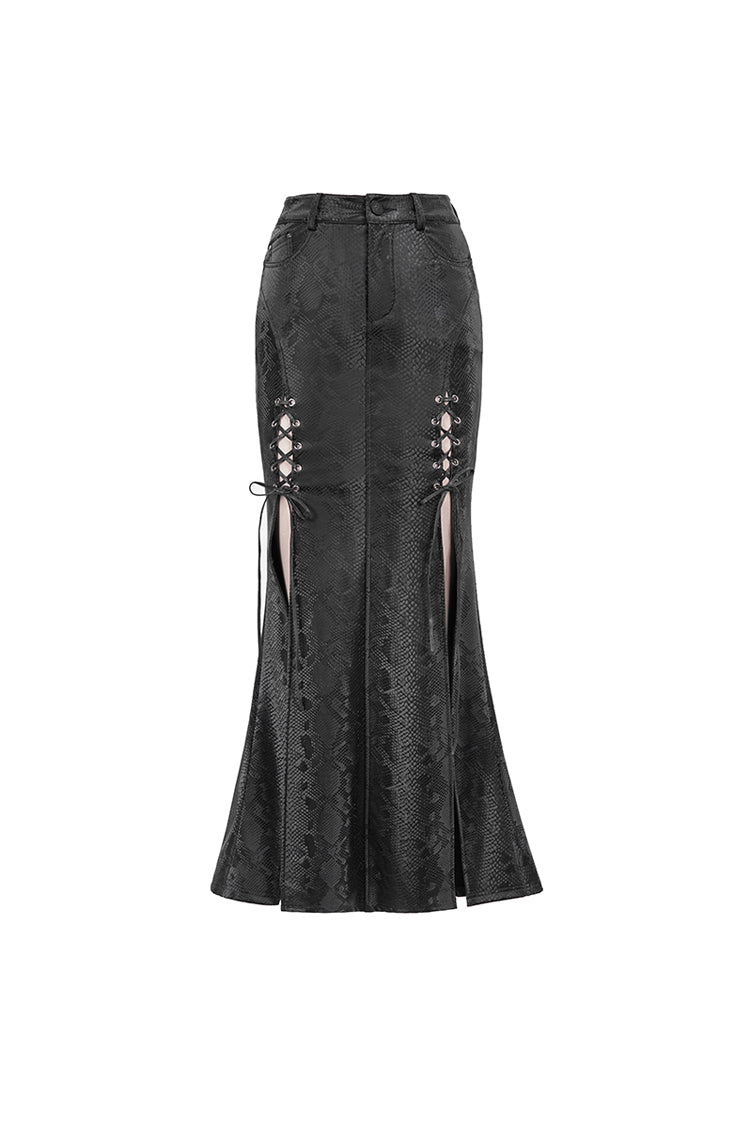 Black Snake Like Leather Side Slit Hem Lace Up Rivet Long Women's Punk Skirt