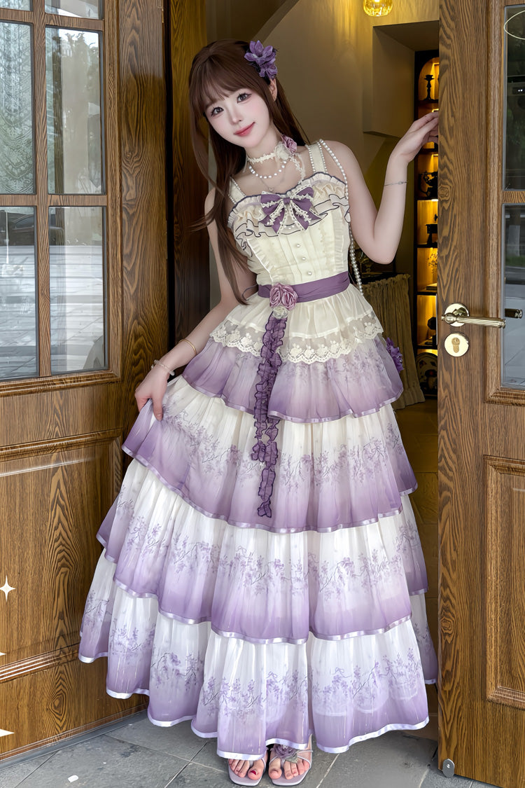 Purple [Lilac Thoughts] Sleeveless Gradient Multi-Layered Print Ruffle Bowknot Lace Sweet Lolita Dress Set