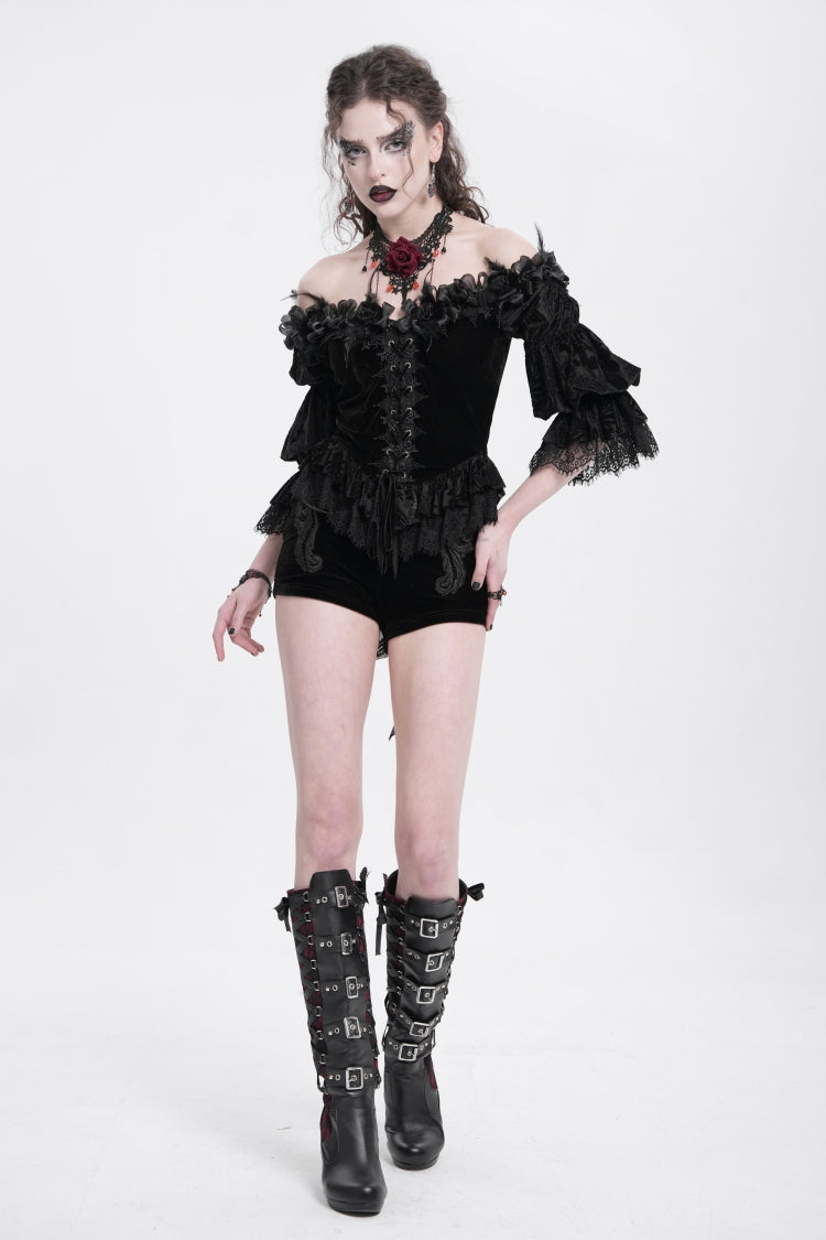 Black Off Shoulder Long Sleeves Ruffle Embroidery Lace-Up Women's Gothic Blouse