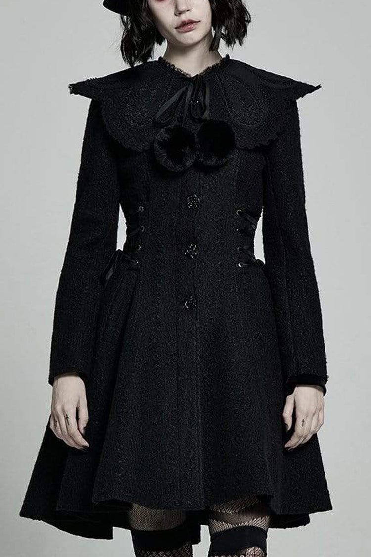 Black Fur Collar Fur Ball Decoration Long Sleeves Rose Button Womens Gothic Coat With Removable Collar