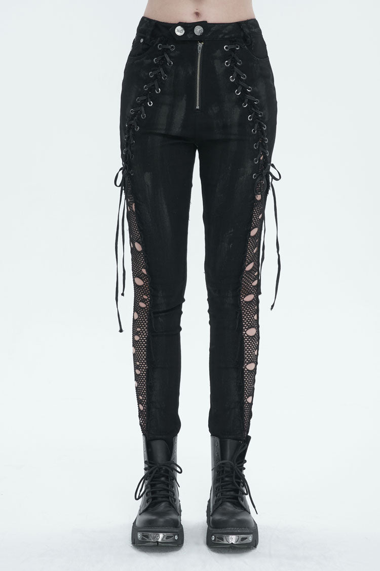 Black Stretch Twill Paneled Mesh Perforated Women's Punk Trousers