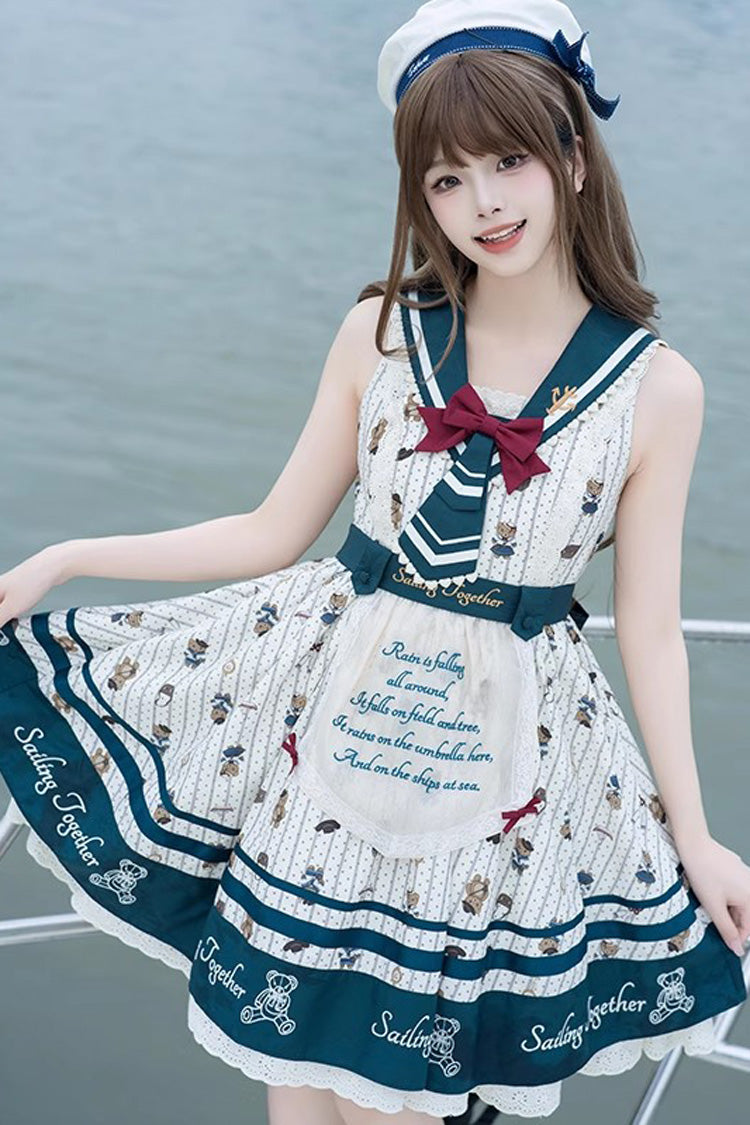 Robe Lolita Jsk Princesse Douce avec Imprimé Ours Bleu/Blanc, Volants et Nœud Marine 