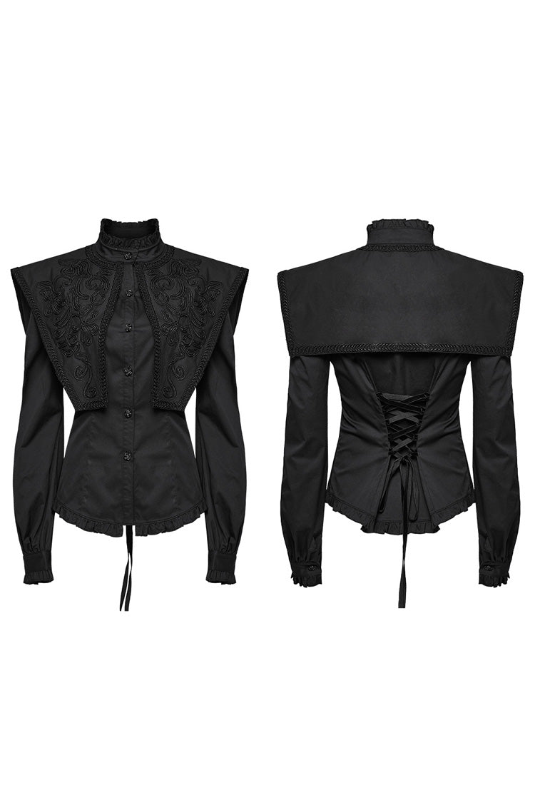 Black Stand Collar Ruffle Lace-Up Women's Gothic Blouse