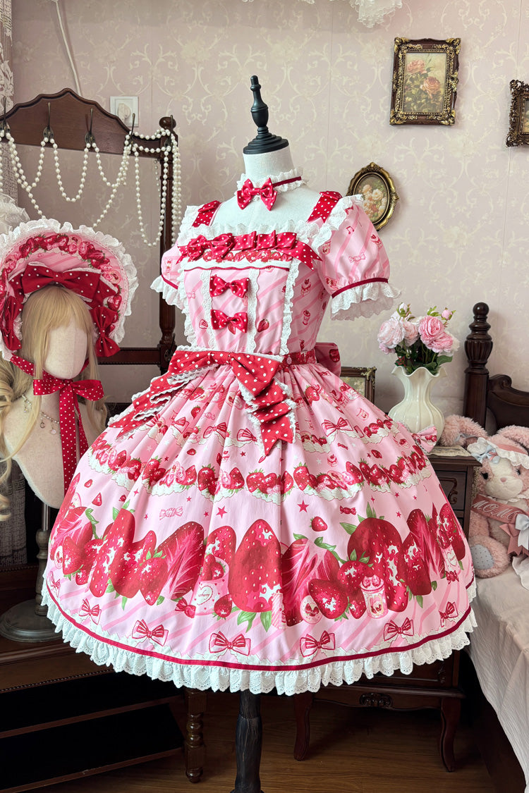 Pink [Strawberry Gift Box] Short Sleeves Print Ruffle Bowknot Lace Sweet Lolita Dress
