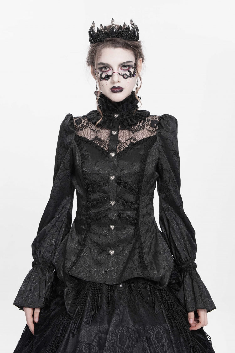 Black Stand Collar Long Sleeves Jacquard Hollow Lace Women's Gothic Blouse