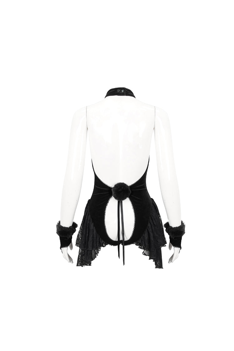 Black Sexy Crotchless Stretch Velvet Paneled Lace Pompoms Women's Punk Bodysuit