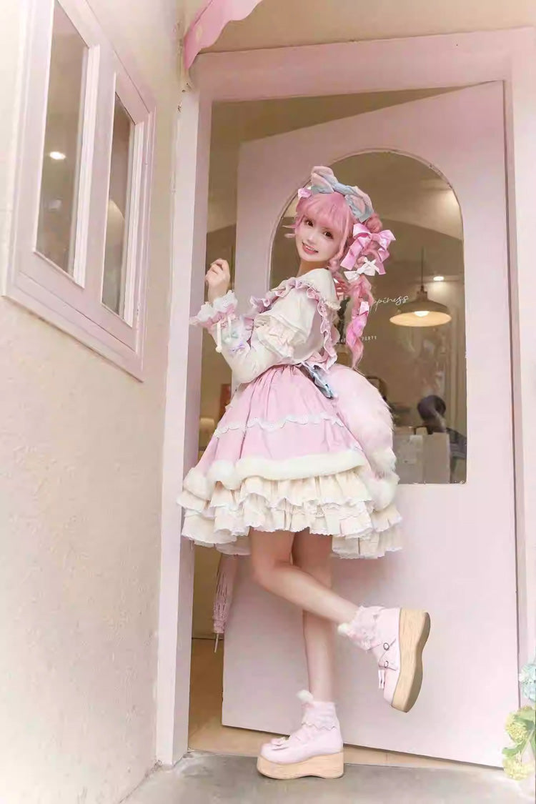 White/Pink Little Fox Multi-layer Ruffle Bowknot Long Sleeves Sweet Lolita Dress