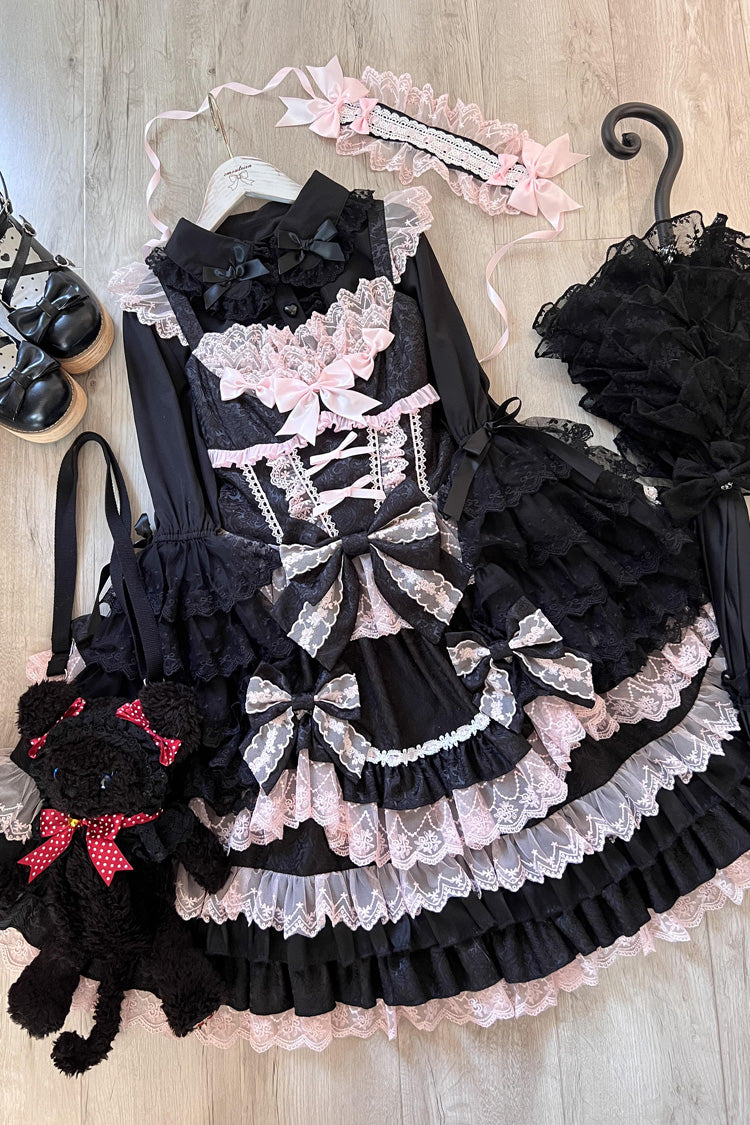 Black/Pink Multi-Layered Ruffle Bowknot Stitching Lace Sweet Lolita Jsk Dress