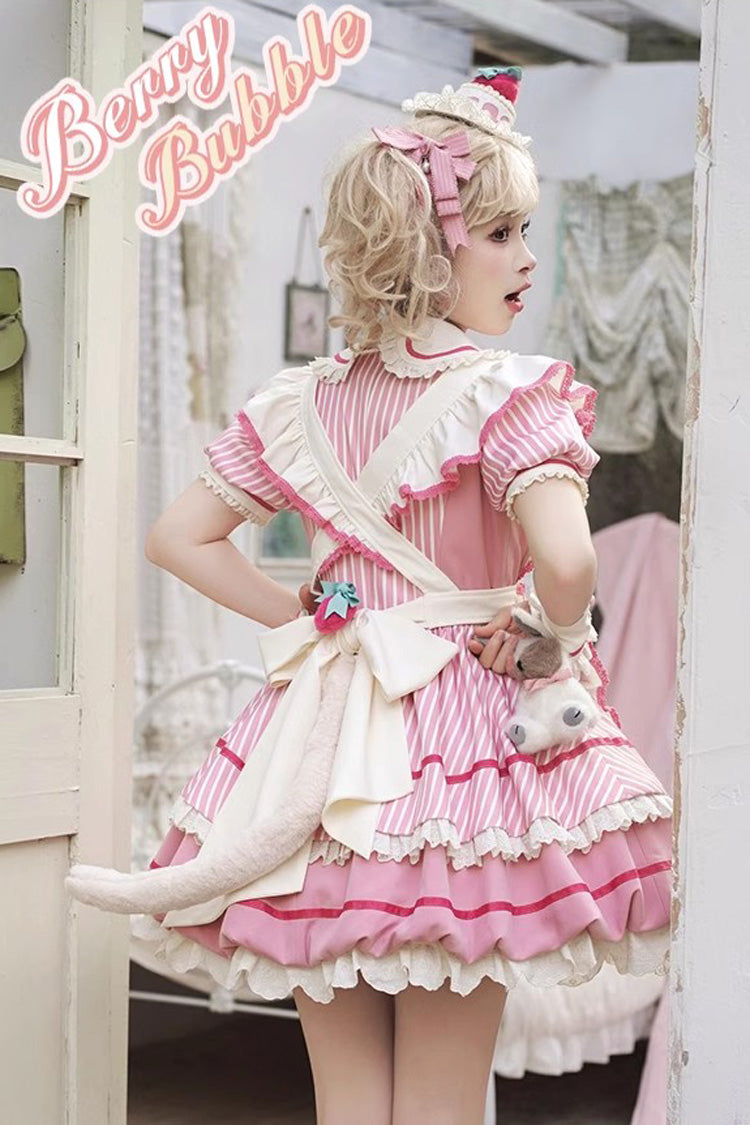 Pink [Berry Bubbles] Stripe Print Ruffle Bowknot Lace Sweet Lolita Dress