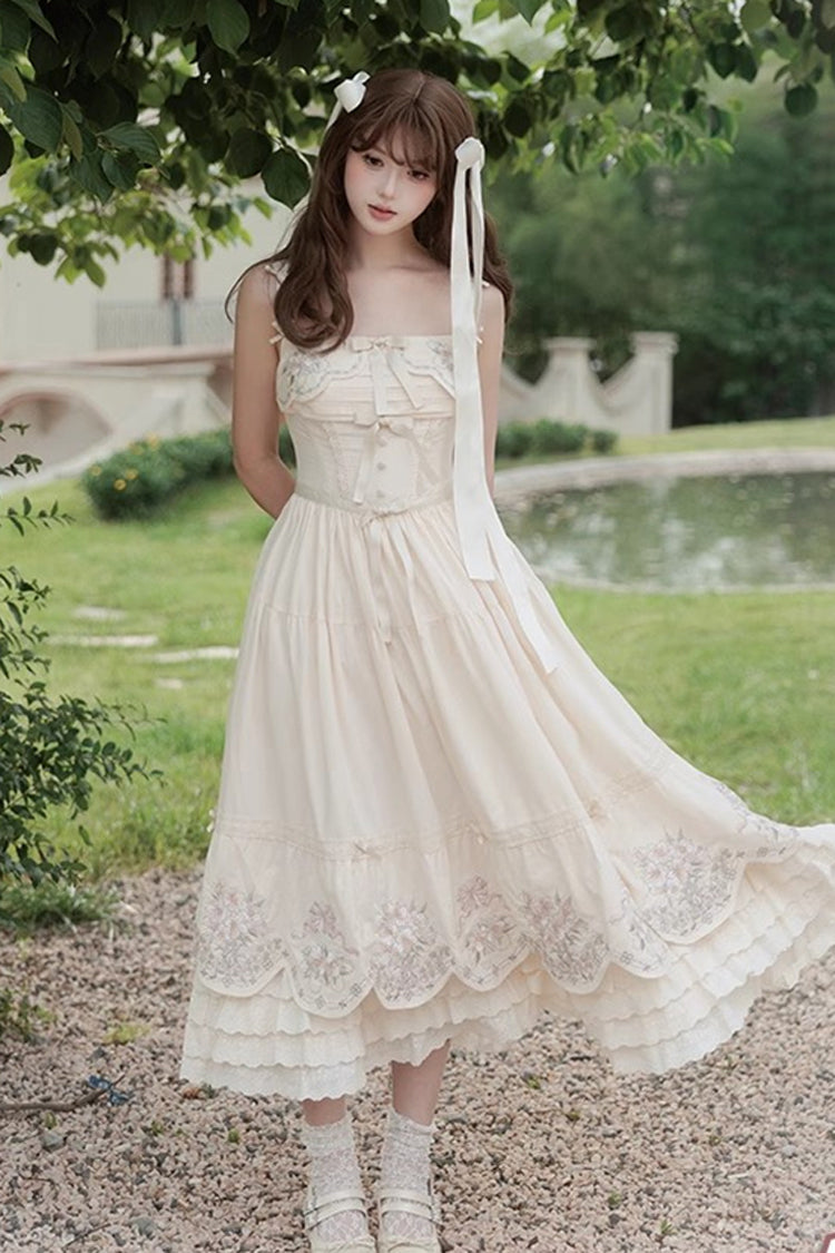 Abricot [Papillon Fantaisie] Robe Lolita Sweet Princess à Volants à Trois Couches avec Noeud Papillon Broderie en Dentelle Jsk 