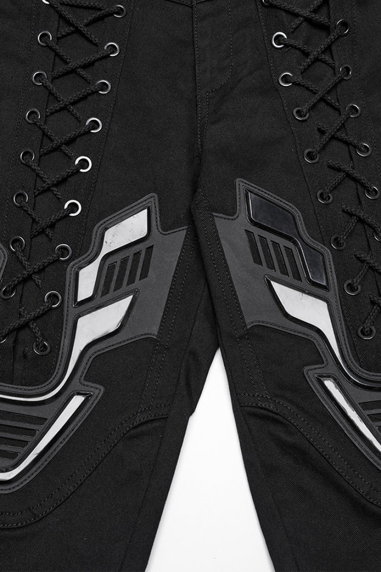 Black Lace-Up Strappy Big-pocket Women's Punk Leggings