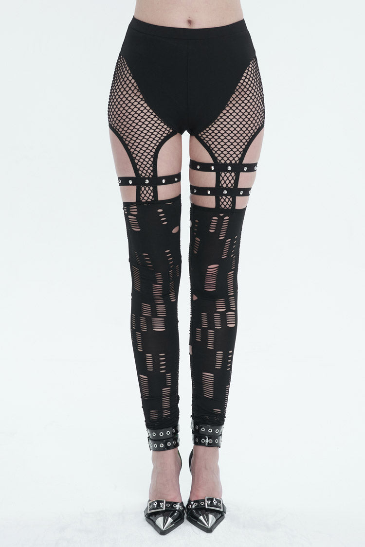 Black Elastic Asymmetrical Hole Knit Stitching Mesh Women's Punk Leggings