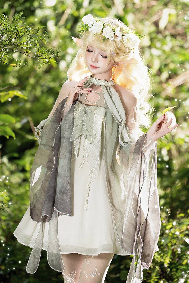 Robe Lolita douce en dentelle brodée, Style féerique de la forêt, épaules dénudées, col licou, découpée, verte, [lumière du soleil à travers la forêt]
