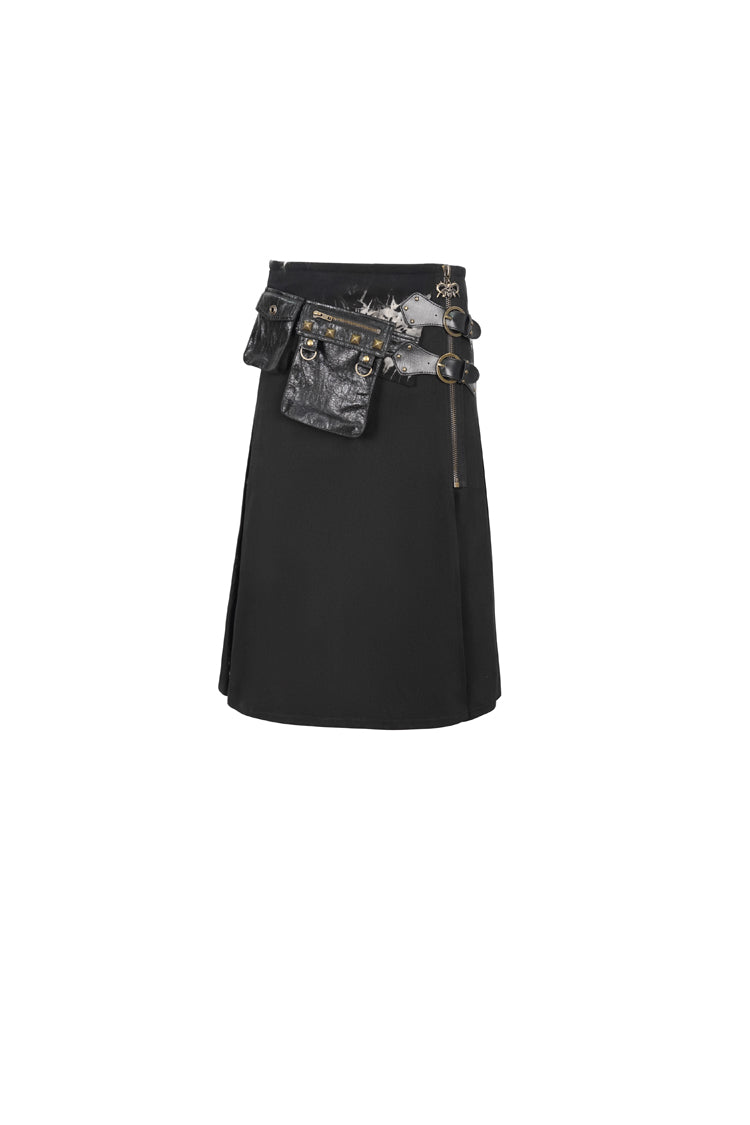 Black Tie-Dye Patchwork With Waist Bag Men's Gothic Skirt