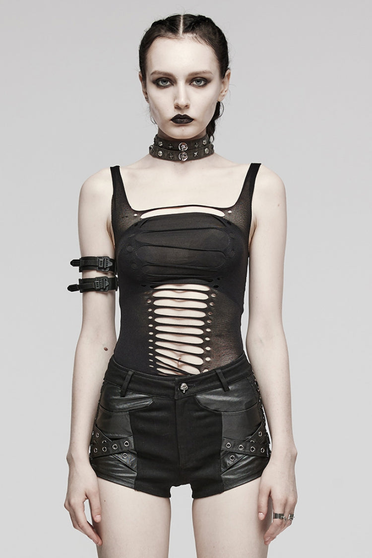 Black Sleeveless Ripped Spaghetti Straps Women's Punk Vest