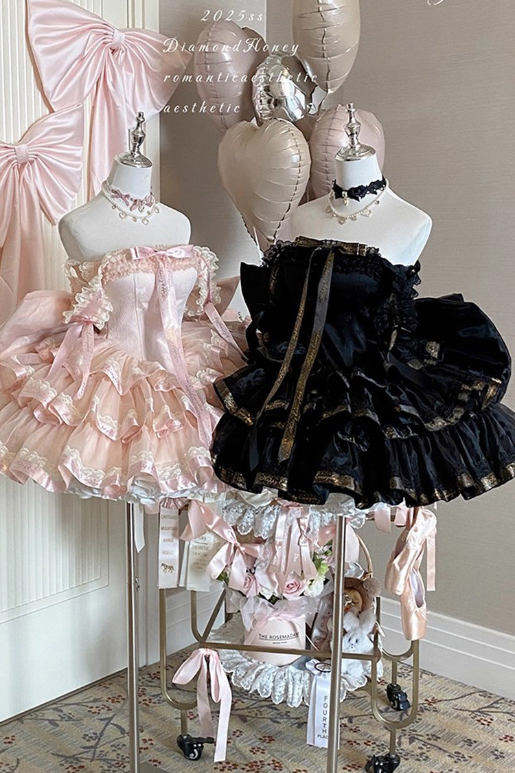 Pink [Princess Ribbon] Off Shoulder Triple-Layered Ruffle Bowknot Sweet Lolita Dress