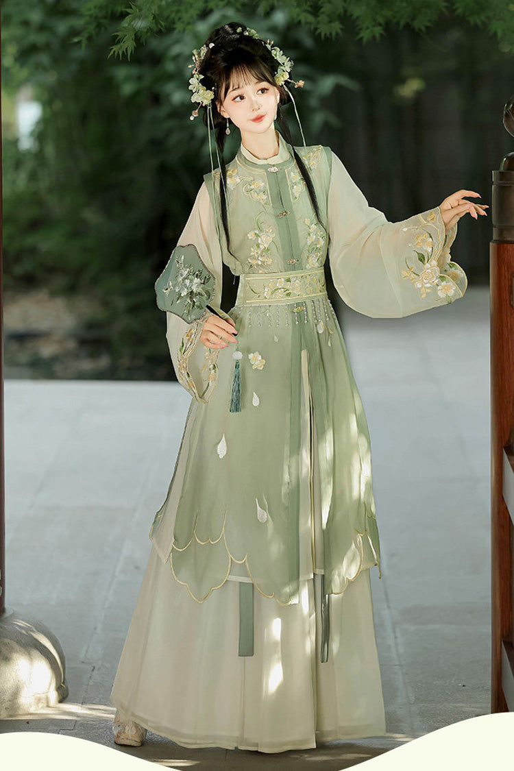 [Camellia] Round Collar Long Sleeves High Waisted Printed Embroidered Pearl Detail Women's Classic Chinese Inspired Hanfu Set