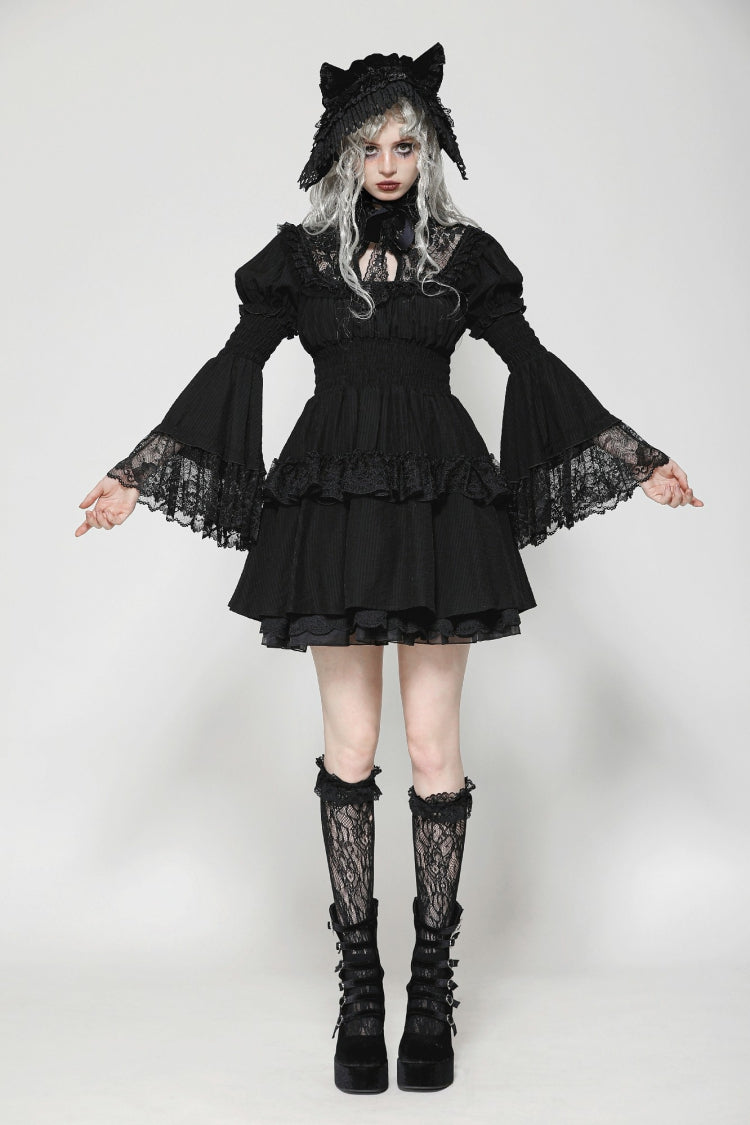 Black Lace Ruffled Stand Collar Long Puff Sleeves Cut-Out Women's Gothic Grad Dress