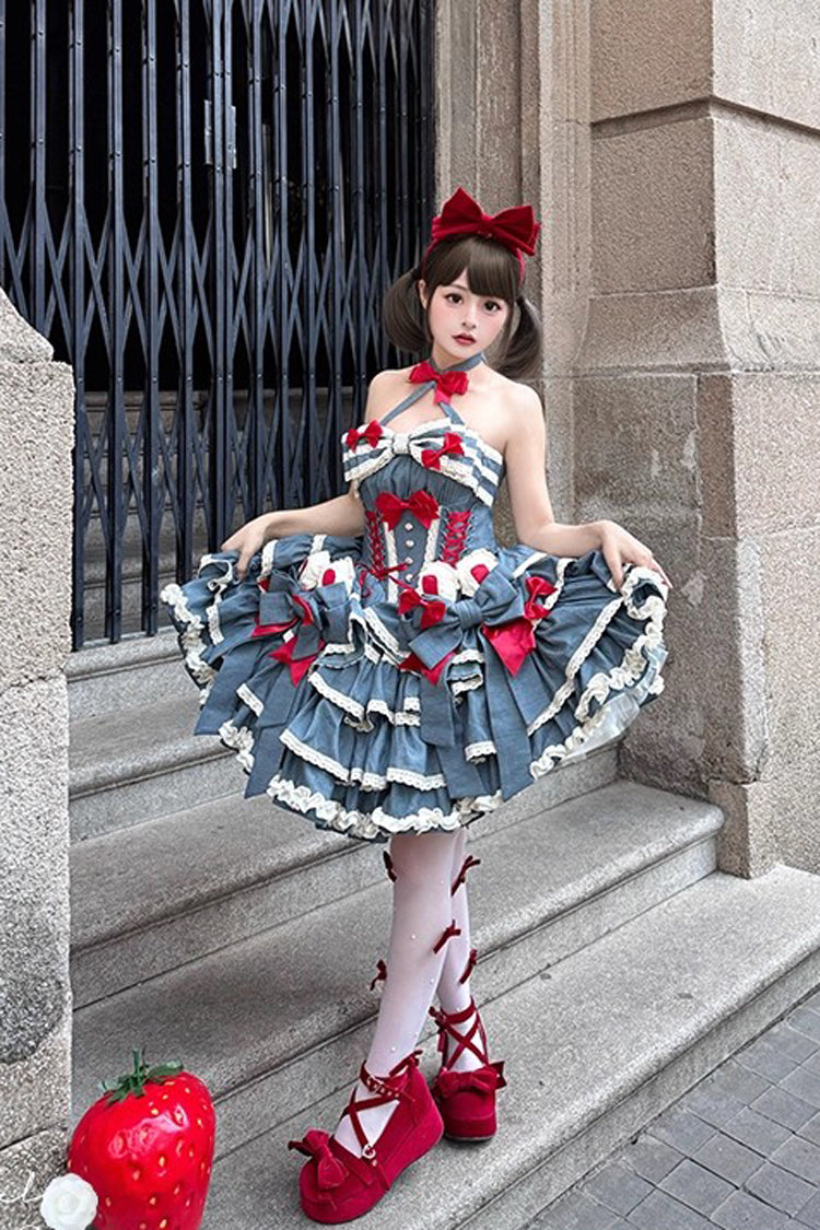 Blue [Milk Rabbit Theater] Halterneck Sleeveless Triple-Layered Ruffle Bowknot Lace-Up Sweet Lolita Jsk Dress