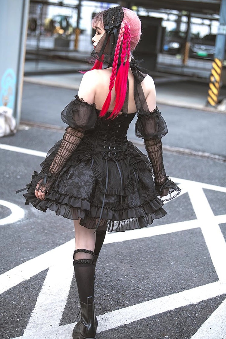 Dark Black Tube Top Sleeveless Blowknot Ruffled Gothic Lolita Tiered Dress