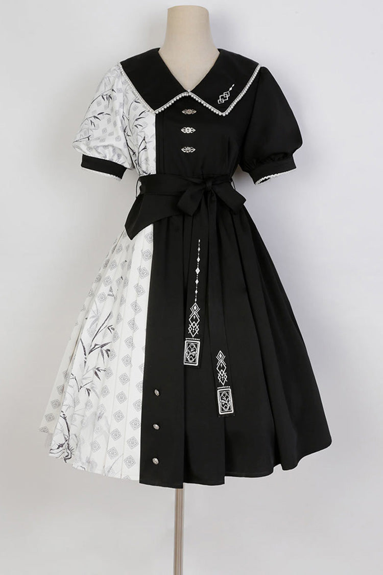 ブラック/ホワイト ステッチ中国風バンブー プリント ハイウエスト スイート ロリータ ドレス