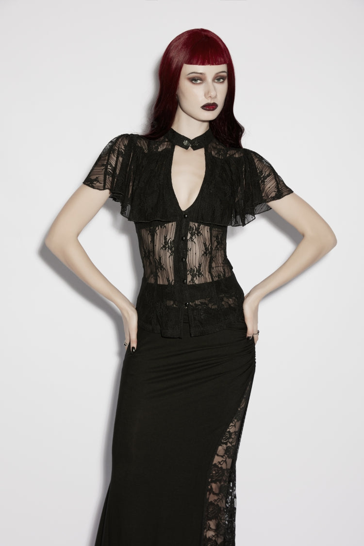 Black Short Sleeves Cut-Out Lace Lace-Up Slim Fit Women's Gothic Cool Cosplay Blouse