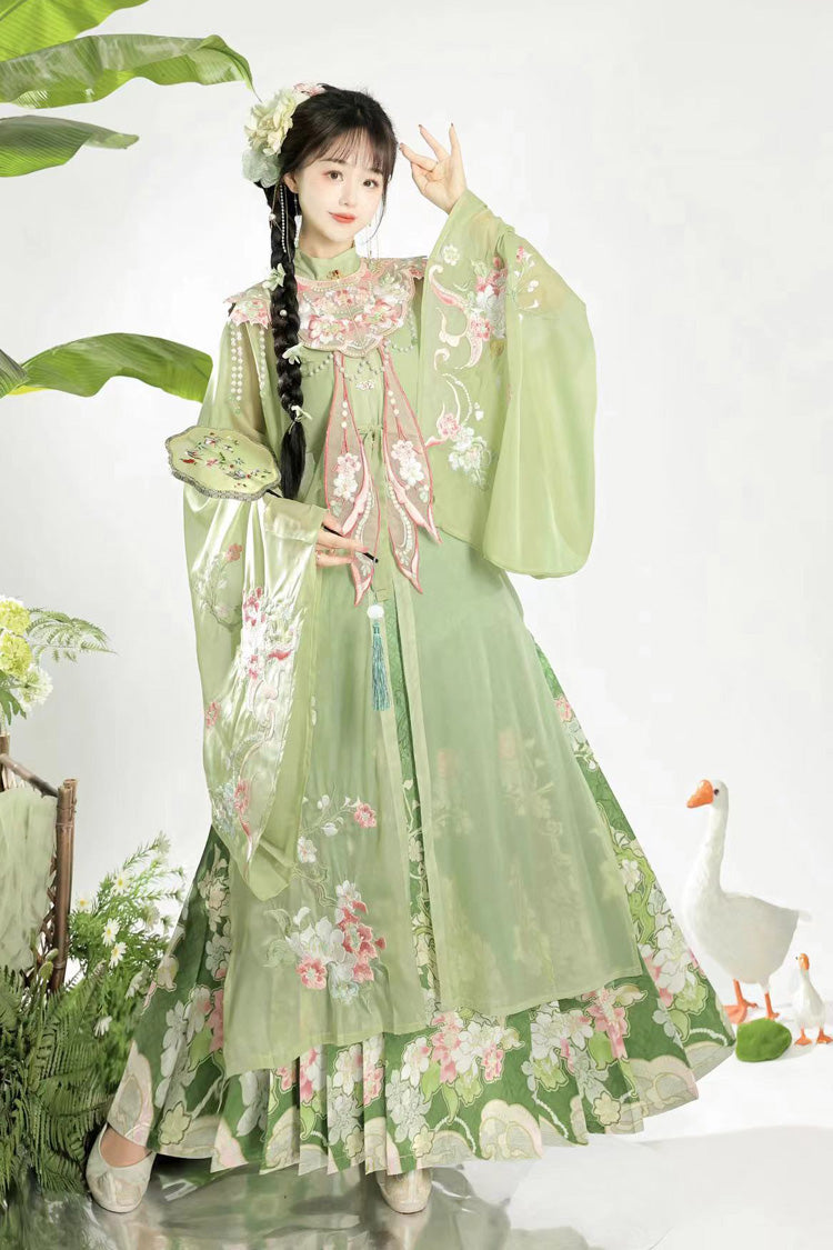 Green Stand Collar Long Sleeves Ming-Style Embroidery Cloud Shoulder Sweet Hanfu Horse-Face Dress Set