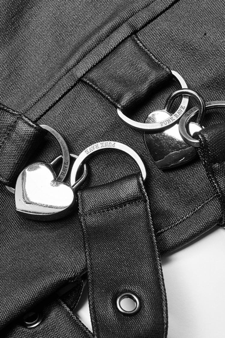 Black Faux Leather Metal Love Lock Buckles Women's Steampunk Pants