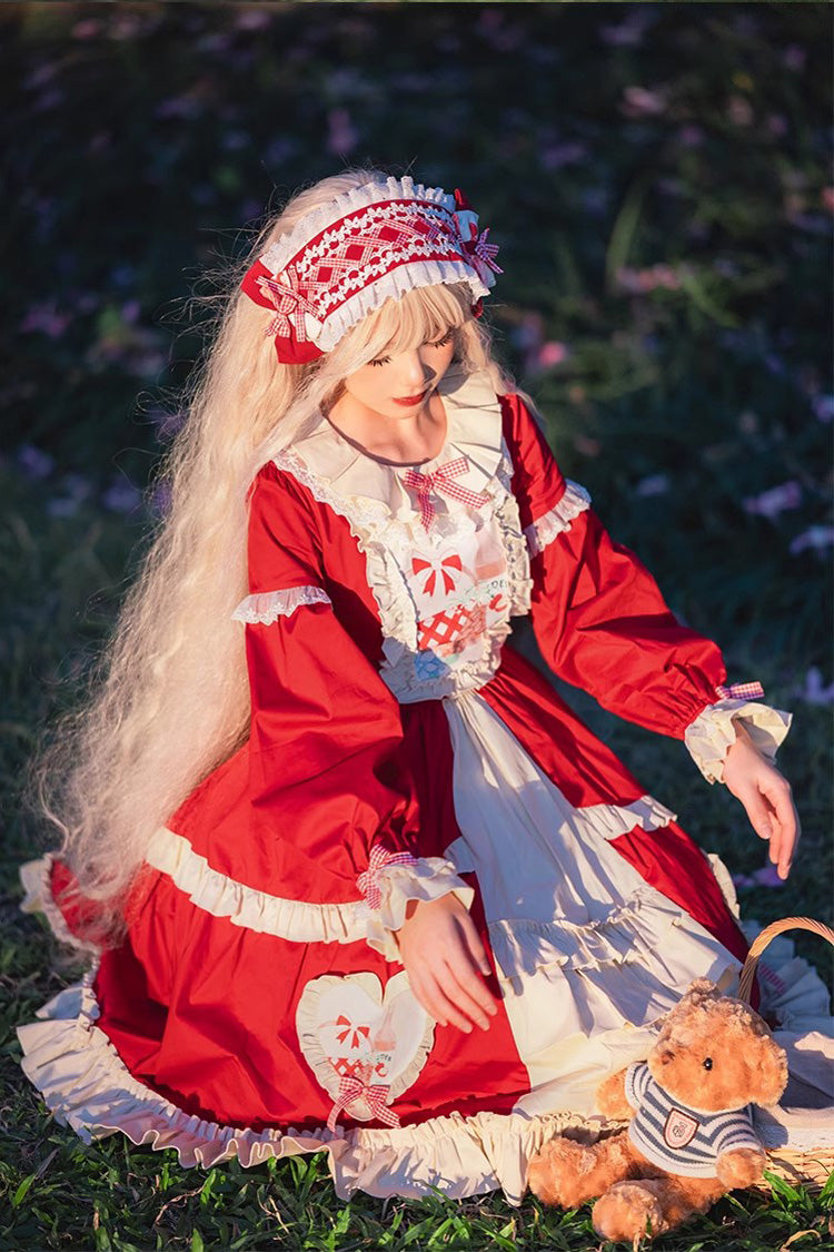 Red Cider House Long Sleeves Print Ruffle Cardigan Bowknot Sweet Lolita Dress