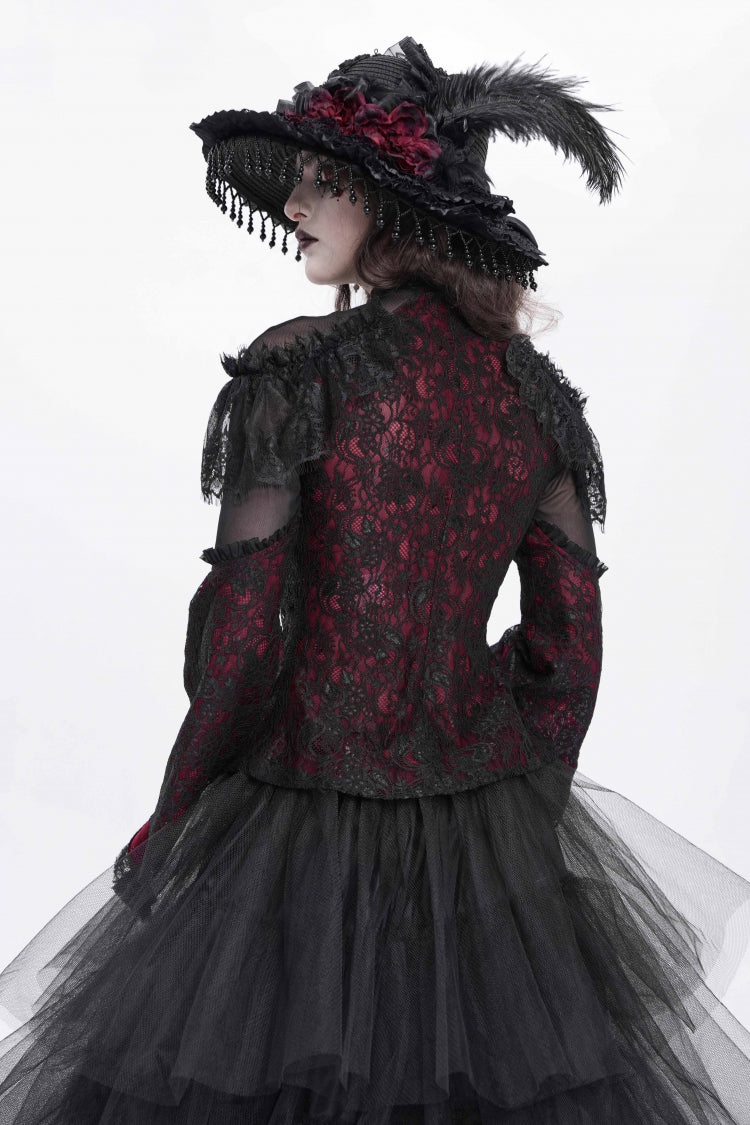 Red Stand Collar Long Trumpet Sleeves Embroidery Stitching Lace Women's Gothic Blouse