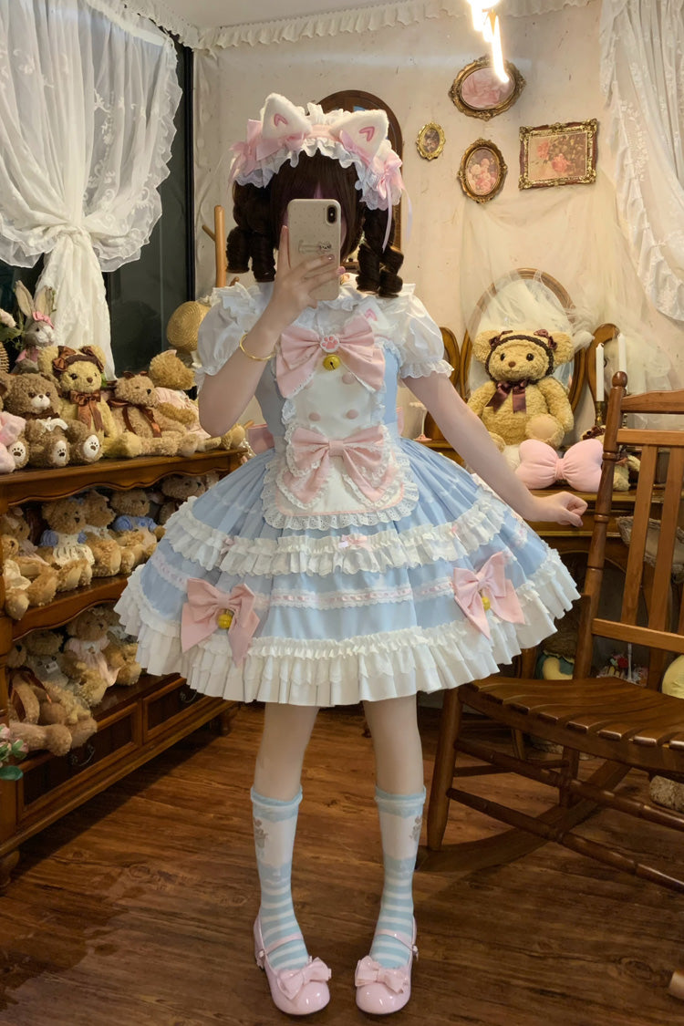 Blue [Meowling Sweet Maid] Sleeveless Multi-Layered Ruffle Bowknot Lace Sweet Princess Lolita Jsk Dress